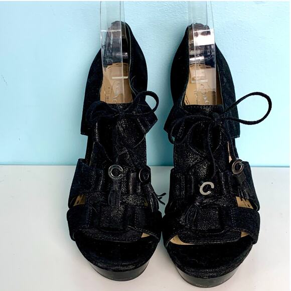 Coach Teagan Black Shimmer Lace Up Heels Size 7 - Picture 3 of 10